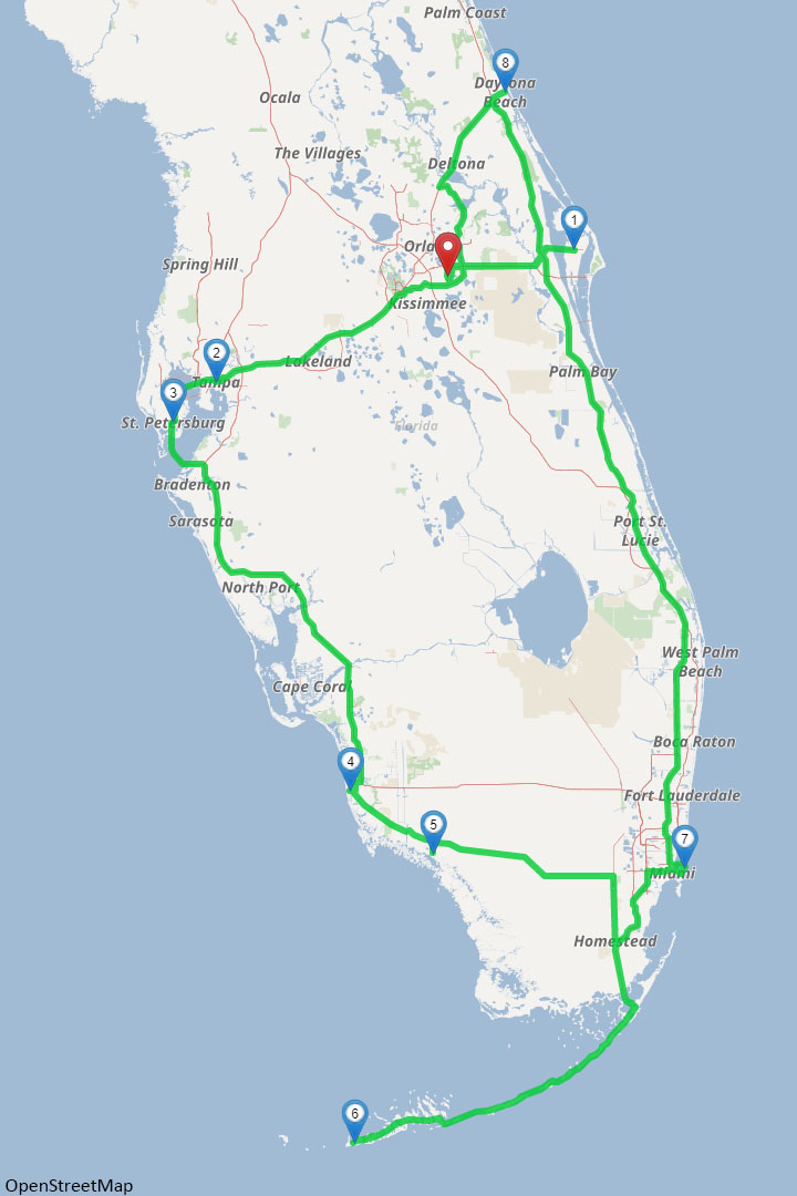Florida-Rundreise - Karte der kompletten Route